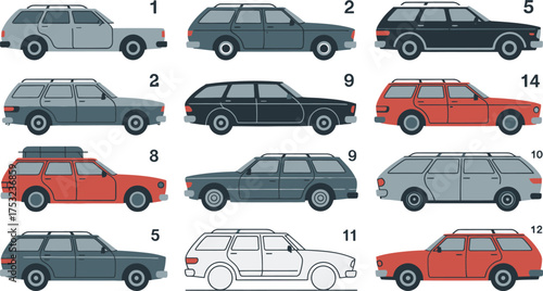 Illustrated Collection Twelve Colorful Station Wagon Cars, Side View, Numbered on a White Background