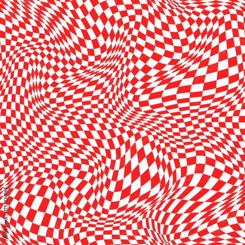 Red and white warped, distorted check seamless vector pattern, psychedelic wavy checkered background for Christmas designs