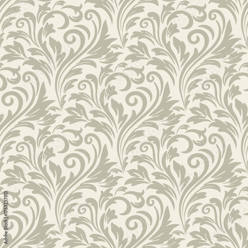 Elegant gray damask pattern on cream background, vector seamless damask pattern for wallpaper, and decorative damask pattern for modern interior design.