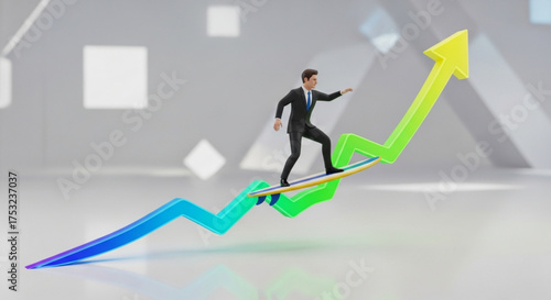 A businessman surfing on a rising arrow graph, symbolizing success and growth in business and investment markets
