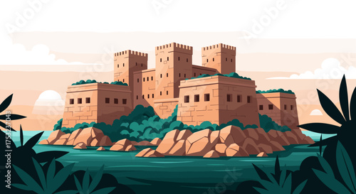 A majestic ancient castle stands proudly on a rocky island surrounded by serene waters.