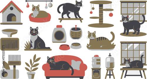 Illustrated of Cats and Their Accessories, Featuring Various Toys and Furniture Pieces For Felines