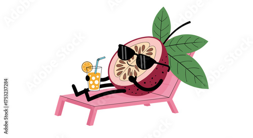 A happy passion fruit wearing sunglasses relaxes on a beach chair with a drink.