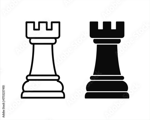 Two chess rook pieces one white one black silhouette isolated graphic elements.