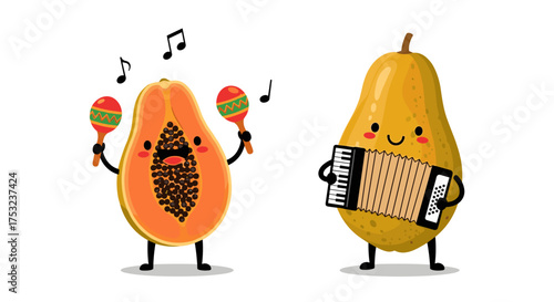 Two happy fruits are playing musical instruments and dancing happily.