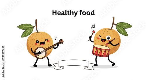 Cute cartoon fruits playing music together promoting healthy eating habits and a joyful lifestyle.
