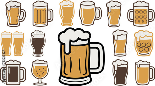 Collection of Cartoon Beer Mugs and Glasses Filled with Golden and Dark Beer on White