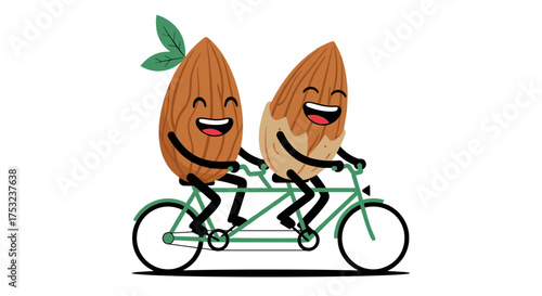Two happy almonds riding a tandem bicycle together on a bright day.