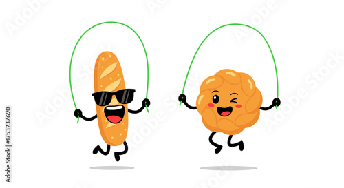 Cute cartoon bread and bread roll friends jumping rope together and having fun on a white background.