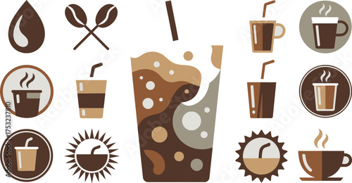 Collection of Coffee Icons Including Beverages, Beans, and a Coffee Drop on White Background