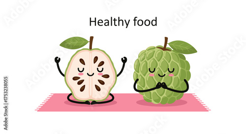 Healthy food characters practicing yoga on a mat.