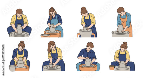 Illustrations of people making pottery on a wheel showing the process.