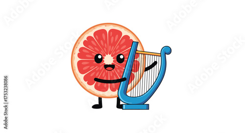 A cheerful grapefruit character playing a blue harp with a happy expression.