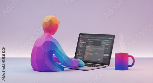 Colorful 3d developer coding on laptop with a cup of coffee, working from home, programming and software development