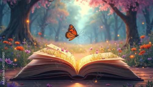 Open book on wooden table with magical garden scene emerging from pages. Butterfly flies above. Flowers grass, trees surround book. Soft light, sparkles in forest background. Vibrant colors,