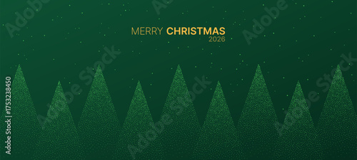 Merry Christmas 2026 text with abstract dotted christmas tree pattern on green background. Festive holiday celebration for greeting card or banner template.