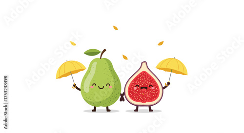 A pear and a fig with umbrellas under falling leaves.