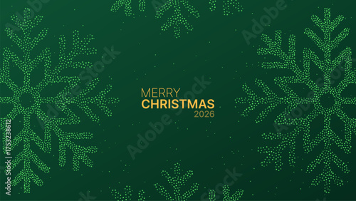 Merry Christmas 2026 greeting text with dotted green snowflake pattern on dark green background for holiday celebration design.