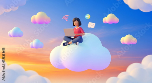 A 3d woman sitting on a cloud with a laptop, surrounded by other clouds and communication icons in the sky