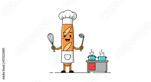 A cartoon baguette chef with a whisk and ladle stands in front of a stove.