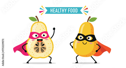 Cute cartoon pears dressed as superheroes promoting healthy eating habits for children.