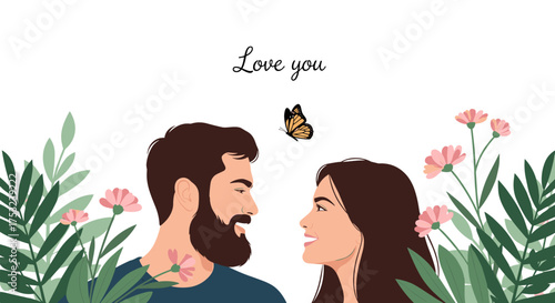 A couple in love surrounded by nature and a butterfly overhead.