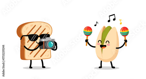 A slice of toast wearing sunglasses taking a photo of a dancing pistachio holding maracas.