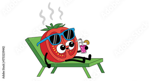 A cartoon tomato wearing sunglasses relaxes on a lounge chair with a drink.