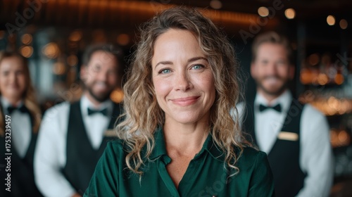 A confident female restaurant manager smiles warmly, with her team of dressed staff members in the background, embodying teamwork and hospitality in a vibrant setting.