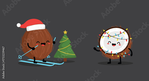 Cute coconuts celebrating christmas with skiing and festive lights.