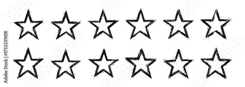 Black grunge star icons set, vector illustration of five pointed star symbols collection on transparent background