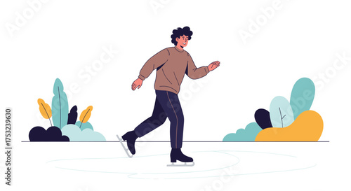 Young man enjoys ice skating outdoors surrounded by stylized foliage on a bright day.