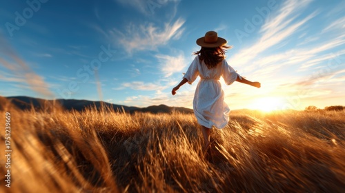 A silhouette of a woman in a white dress running joyfully through a golden field, with the sun setting behind mountains, casting a warm, radiant glow over the landscape.