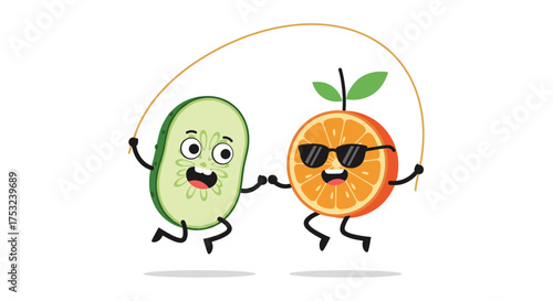 Two happy fruits jumping rope together on a white background.