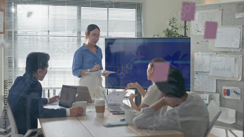 Group of creative Businesspeople brain storm meeting presentation,discussing roadmap to product launch, planning,strategy,dashboard,new business development,working with new startup project in office