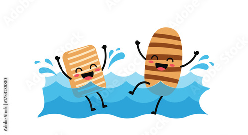 Cute grilled food characters happily splashing in the water together having fun.