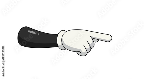 Cartoon gloved hand pointing right on white background