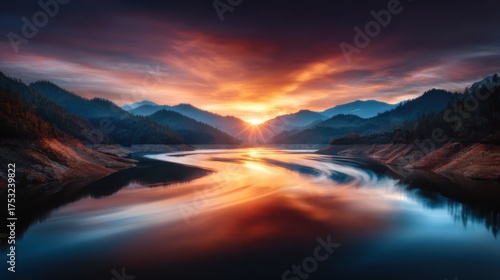 A breathtaking view of a river winding through mountains at sunrise, reflecting stunning colors and serenity, showcasing the breathtaking beauty of nature's untouched landscapes.