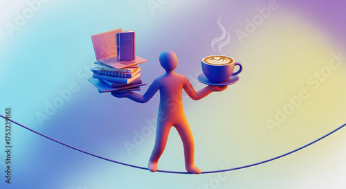 Balancing work and life a person balancing books and coffee on a tightrope, symbolizing the challenge of equilibrium