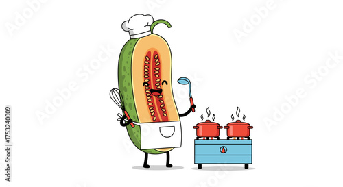A cheerful papaya chef wearing a white hat and apron prepares a meal in the kitchen.