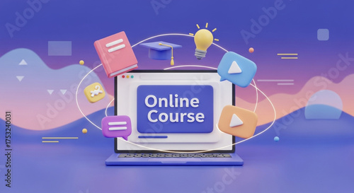 Captivating 3d animation of online course with laptop, book, graduation cap, light bulb and speech bubble for education