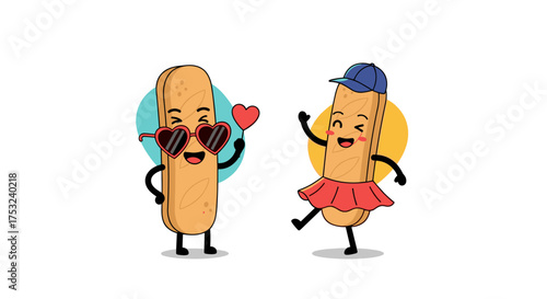 Adorable cartoon bread sticks in love having fun.
