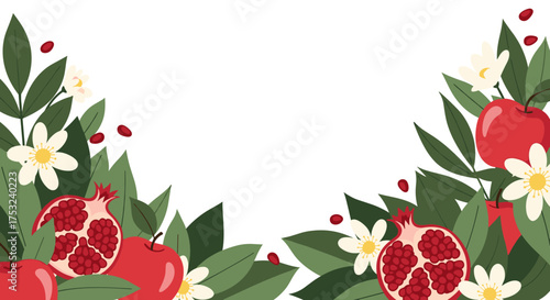 Decorative border with pomegranates apples flowers and green leaves for Rosh Hashanah celebration.