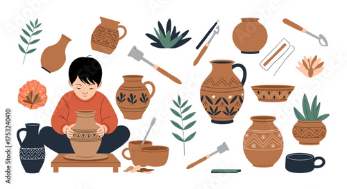 A young artist skillfully shapes clay on a pottery wheel surrounded by various handcrafted ceramic vessels and artistic tools.