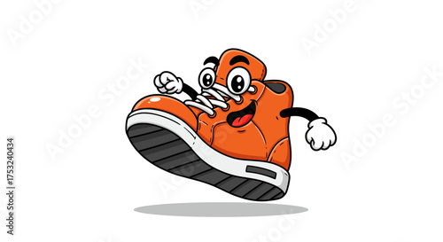 Cartoon shoe character with expressive face and arms jumping happily