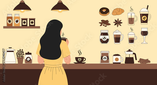 A woman enjoys a warm beverage at a cozy coffee shop with various drinks and pastries on display.