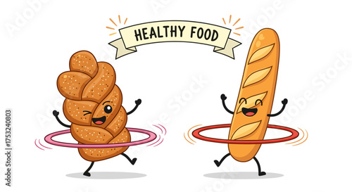Two cute cartoon loaves of bread dancing with hula hoops under a banner that says healthy food.
