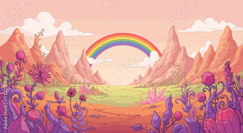 Colorful fantasy landscape with rainbow and mountains