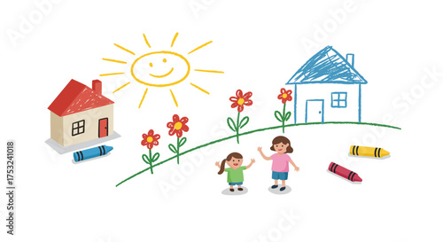 Colorful childlike crayon drawing with smiling sun and playful kids