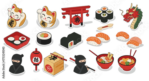 Japanese culture icons: sushi, ramen, lucky cats, dragon, ninjas in flat style